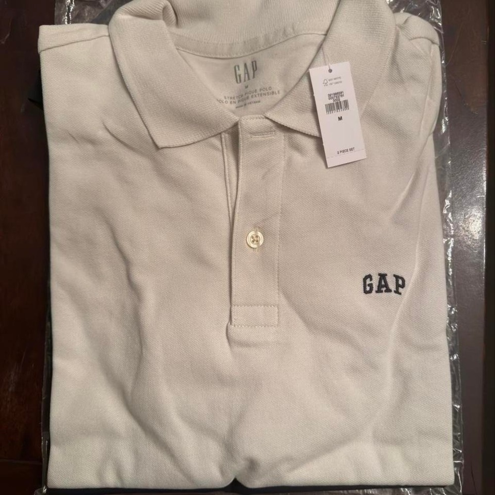 Gap Mens Stretch Pique Polo Shirt‎ Cream Off White Navy Logo Short Sleeve New M